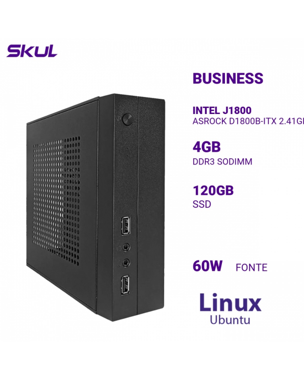 COMPUTADOR B100 INTEL J1800 ASROCK D1800B-ITX 2.41GHZ MEM 4GB DDR3 SSD 120GB 1X SERIAL 1 PARALELA FONTE 60W LINUX UBUNTU