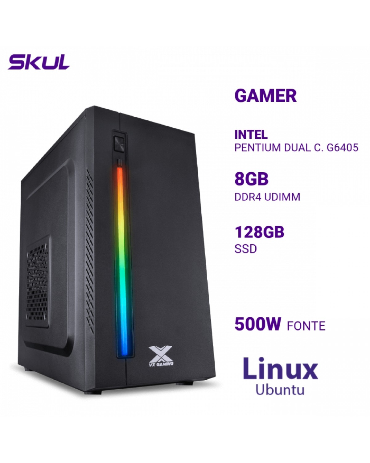 COMPUTADOR GAMER 1000 PENTIUM DUAL C. G6405 MEM 8GB DDR4 SSD 128GB FONTE 500W LINUX