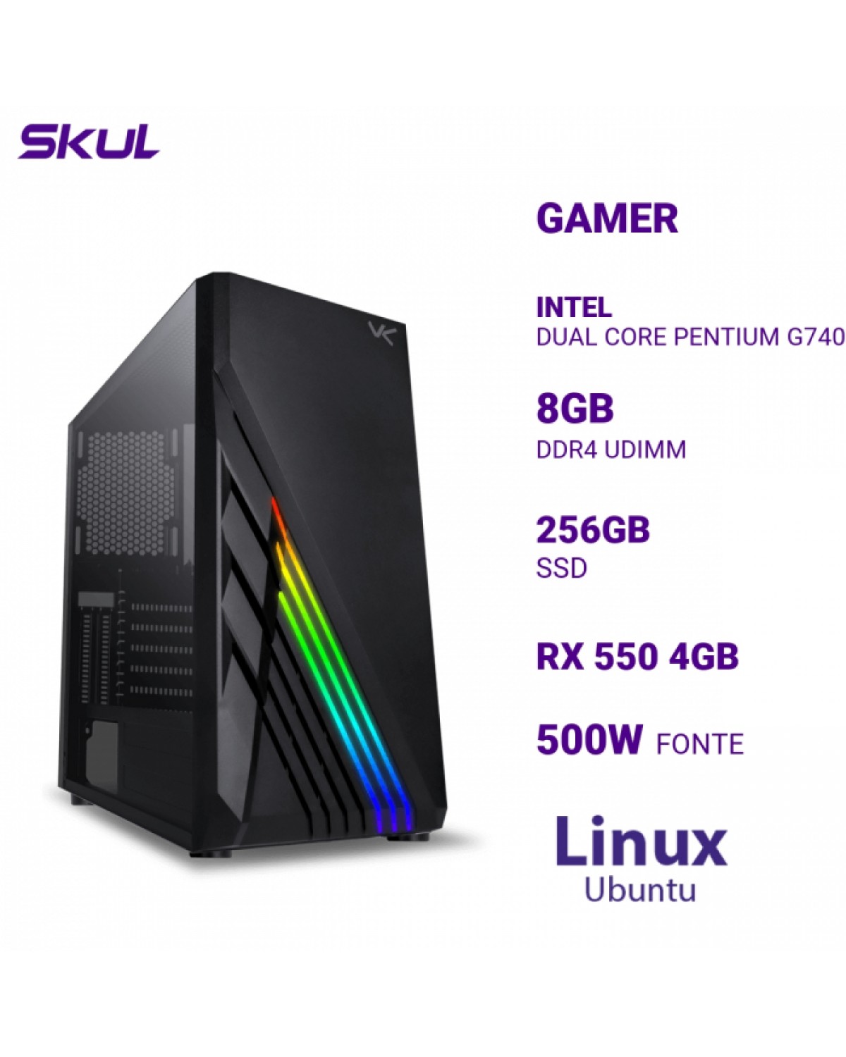 COMPUTADOR GAMER 1000 DUAL CORE PENTIUM G7400 3.70 GHZ MEM 8GB DDR4 SSD 256GB RX 550 4GB FONTE 500W LINUX