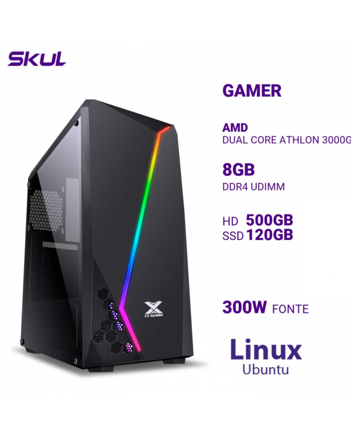 COMPUTADOR GAMER 1000 DUAL CORE ATHLON 3000G 3.50GHZ MEM 8GB DDR4 HD 500GB SSD 120GB FONTE 300W LINUX