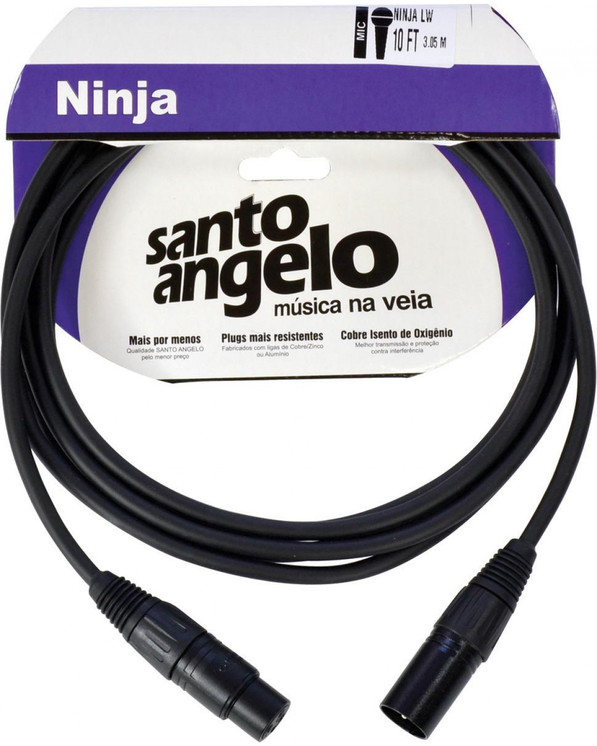 CABO PARA MICROFONE 0,20 MM CONECTOR XLR MACHO/ XLR FEMEA NINJA 10FT 3,05 METROS PRETO