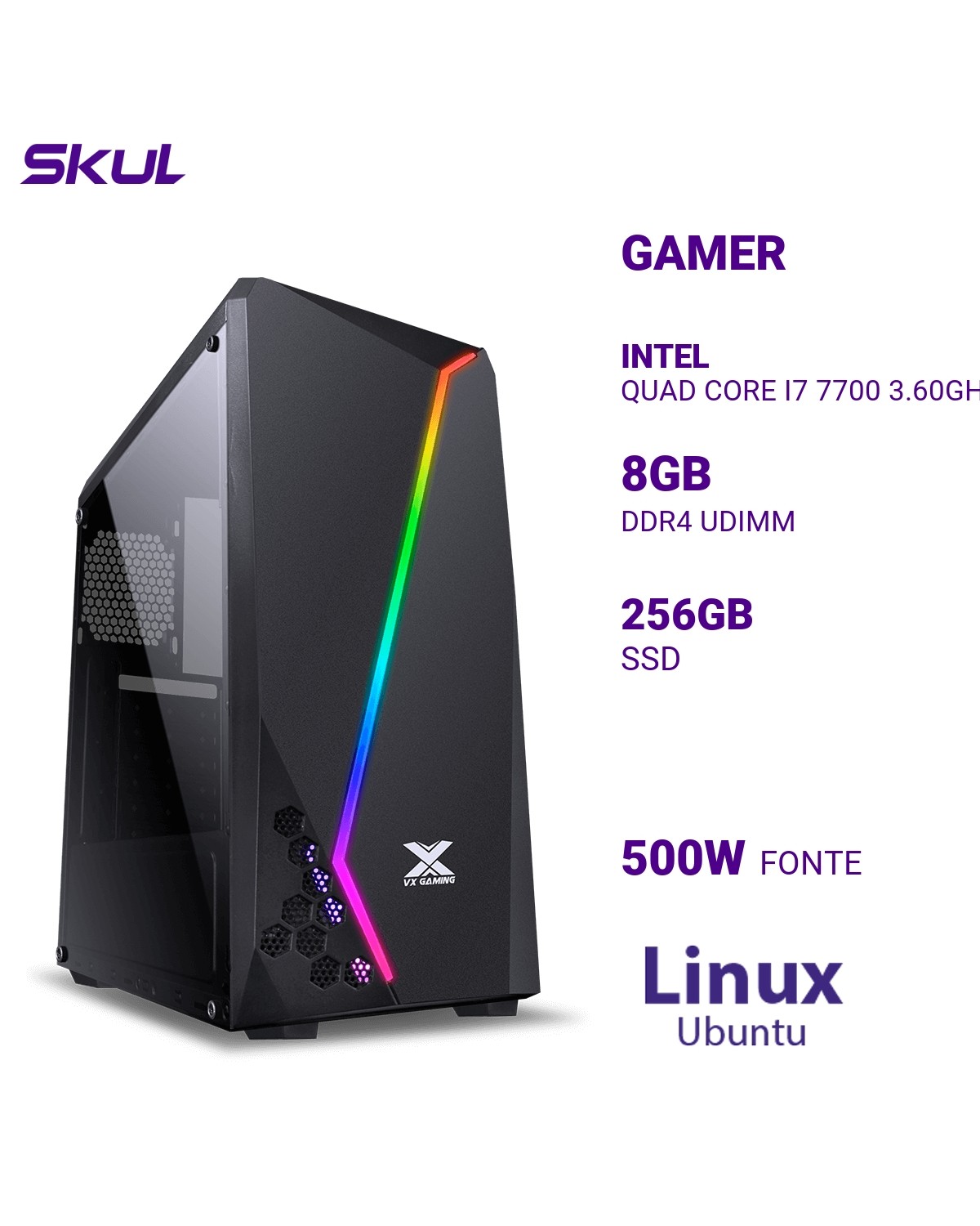 COMPUTADOR GAMER 7000 QUAD CORE I7 7700 3.60GHZ MEM 8GB DDR4 SSD 256GB FONTE 500W LINUX