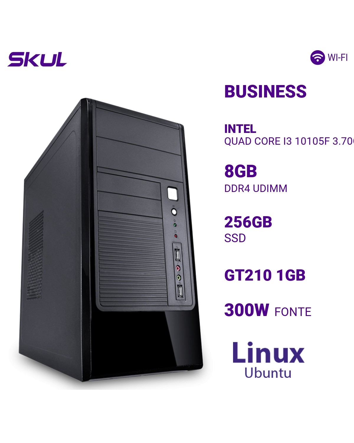 COMPUTADOR BUSINESS B300 I3 10105F 3.70GHZ MEM 8GB DDR4 2X4GB SSD 256GB GT210 1GB WI-FI FONTE 300W PFC ATIVO LINUX