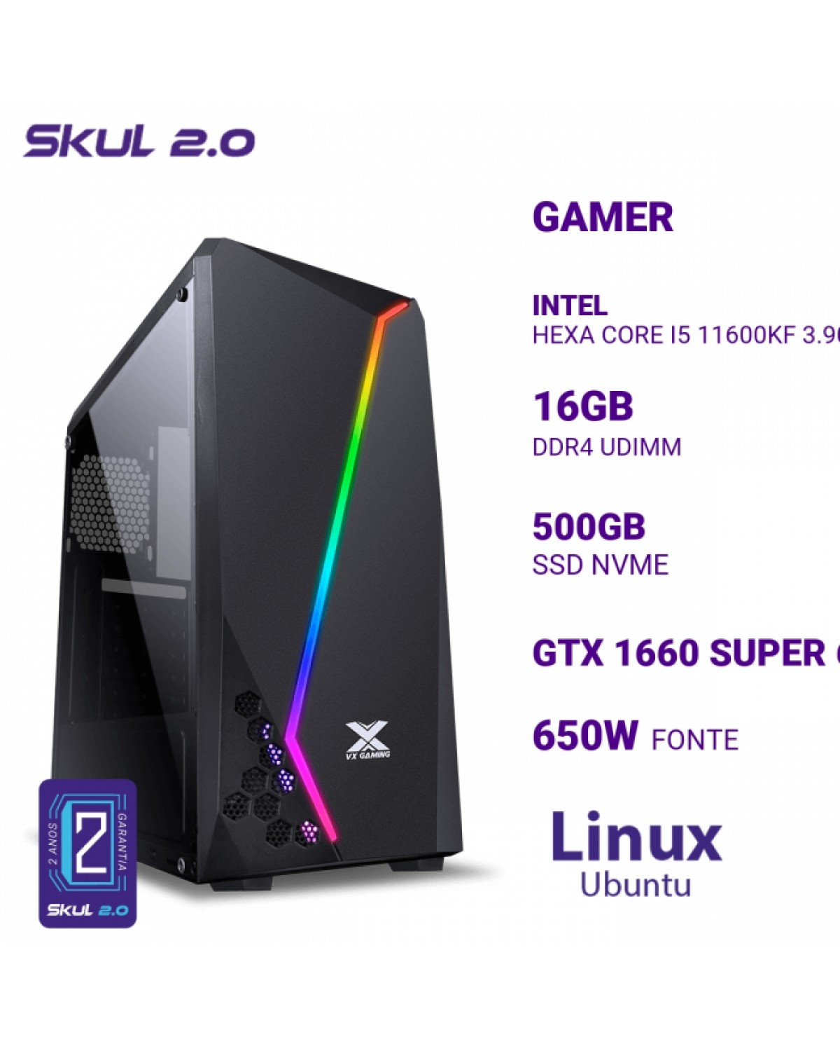 COMPUTADOR GAMER 5000 I5 11600KF 3.90GHZ MEM 16GB DDR4 SSD 500GB NVME GTX1660 SUPER 6GB W. C 120MM FONTE 650W BRONZE