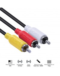 CABO DE VÍDEO COMPOSTO 3 RCA MACHO PARA 3 RCA MACHO 28AWG PURO COBRE 2 METROS - P3R-2