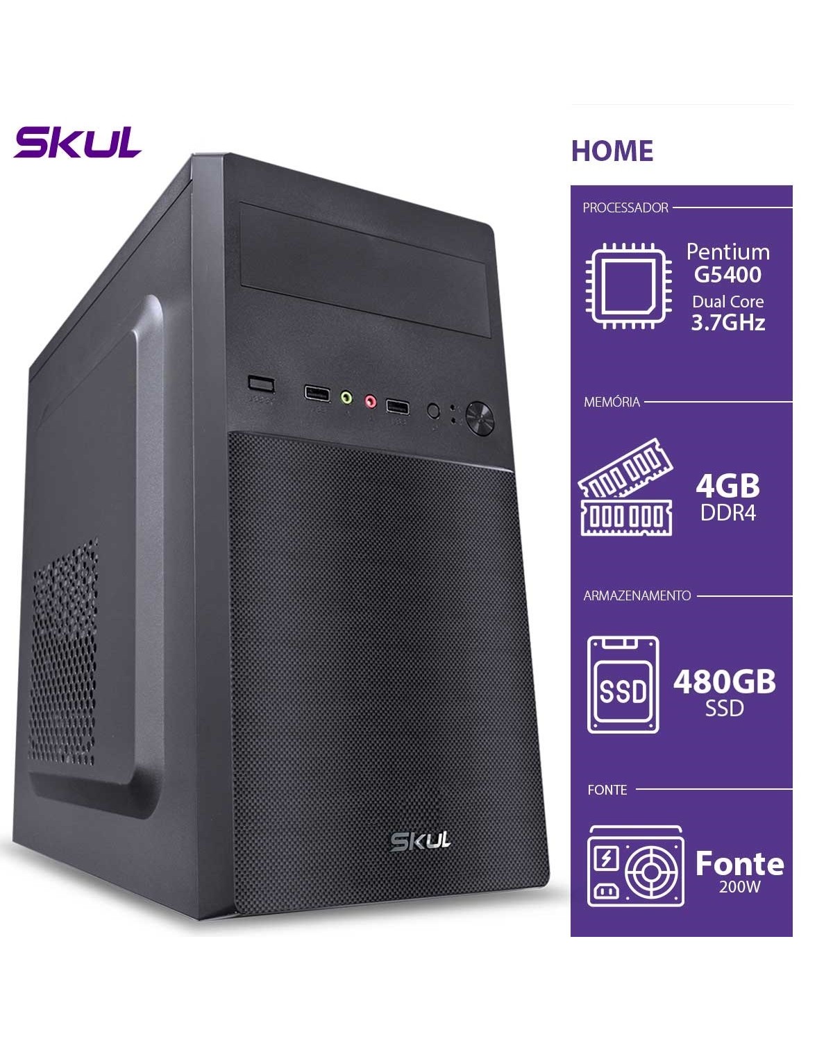 COMPUTADOR HOME H200 - PENTIUM DUAL CORE G5400 3.7GHZ 4GB DDR4 SSD 480GB HDMI/VGA FONTE 250W