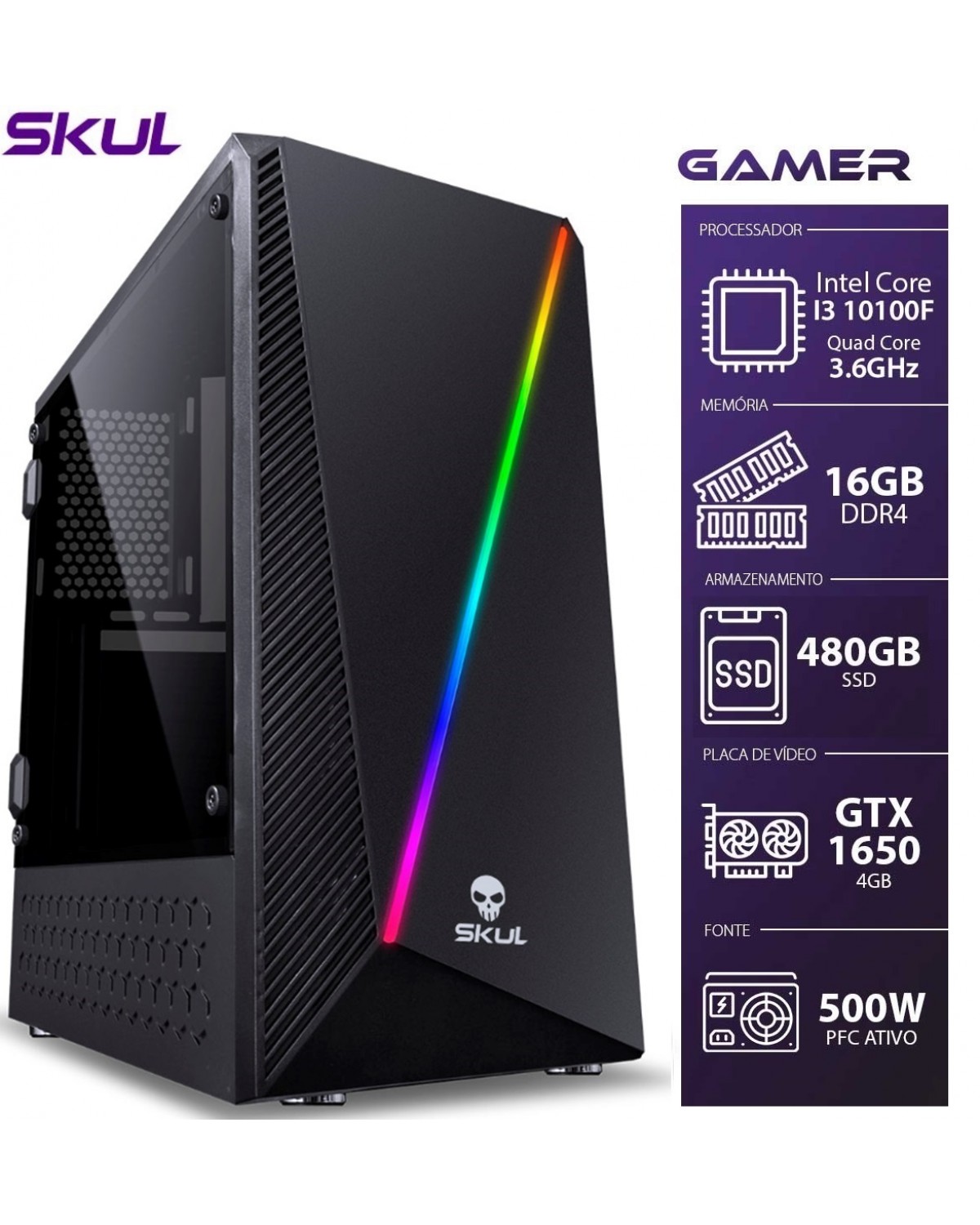 COMPUTADOR GAMER 3000 - I3 10100F 3.6GHZ 10ª GER. MEM. 16GB DDR4 SSD 480GB GTX 1650 4GB FONTE 500W PFC ATIVO